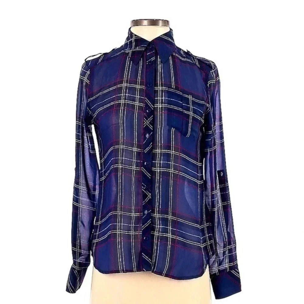 Vintage Guess Y2K Button Up Shirt Chiffon Plaid Blue Long Sleeve Blouse Size XS